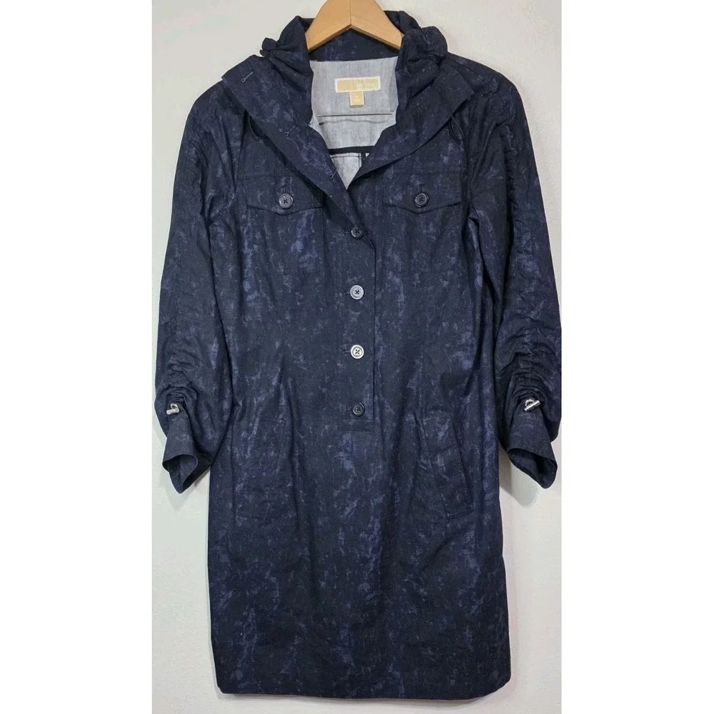 NEW Michael Kors Women Blue Scrunch Shirt  Stretch Dress‎ M 3/4 Sleeve Button Up